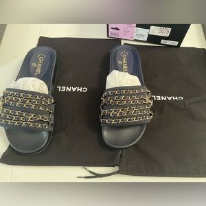 CHANEL Chain Logo Navy Blue Gold Slide Sandals Women's Size 40